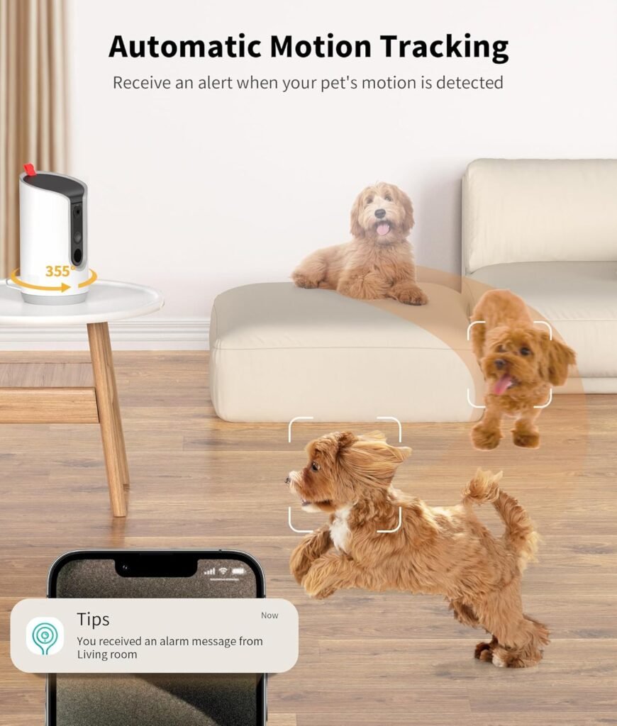 2K Pet Camera Treat Dispenser, 360°View Dog Camera with Phone App, 5G2.4G WiFi 2-Way Talk Pet Camera Indoor for Cats Remote Treat Tossing, Motion Alerts, Auto Tracking