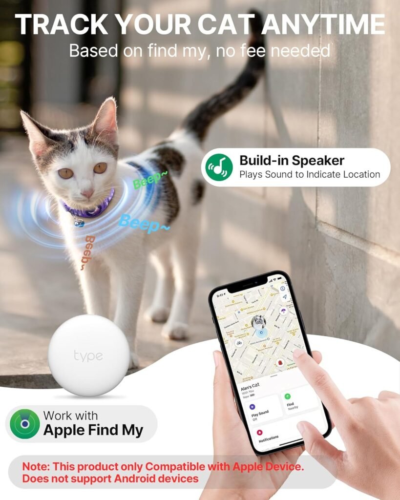 Cat Tracker Collar Waterproof Airtag Cat Collar with Finder Tag (iOS ONLY Not for Android Devices), Compatible with Apple Find My, Breakaway Tractive with Reflective Pattern  Bell, Black, 8-12