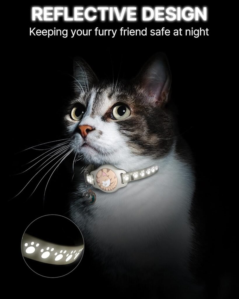 Cat Tracker Collar Waterproof Airtag Cat Collar with Finder Tag (iOS ONLY Not for Android Devices), Compatible with Apple Find My, Breakaway Tractive with Reflective Pattern  Bell, Black, 8-12