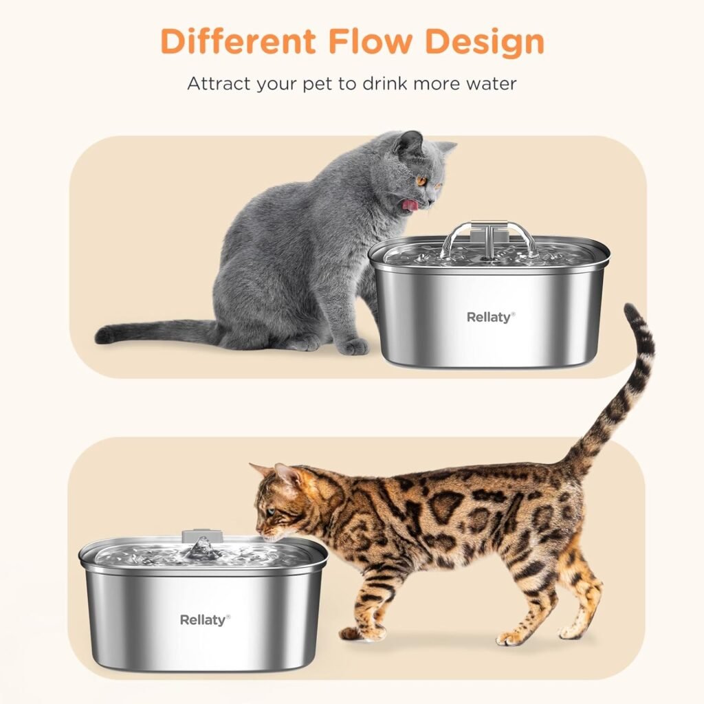 Cat Water Fountain Stainless Steel: 3.2L/108oz Pet Foundatin Water Bowl for Cats Inside Automatic Dog Drinking Dispenser Dish Animal Feeding  Watering Supplies Waterfall with 1 Replacement Filter