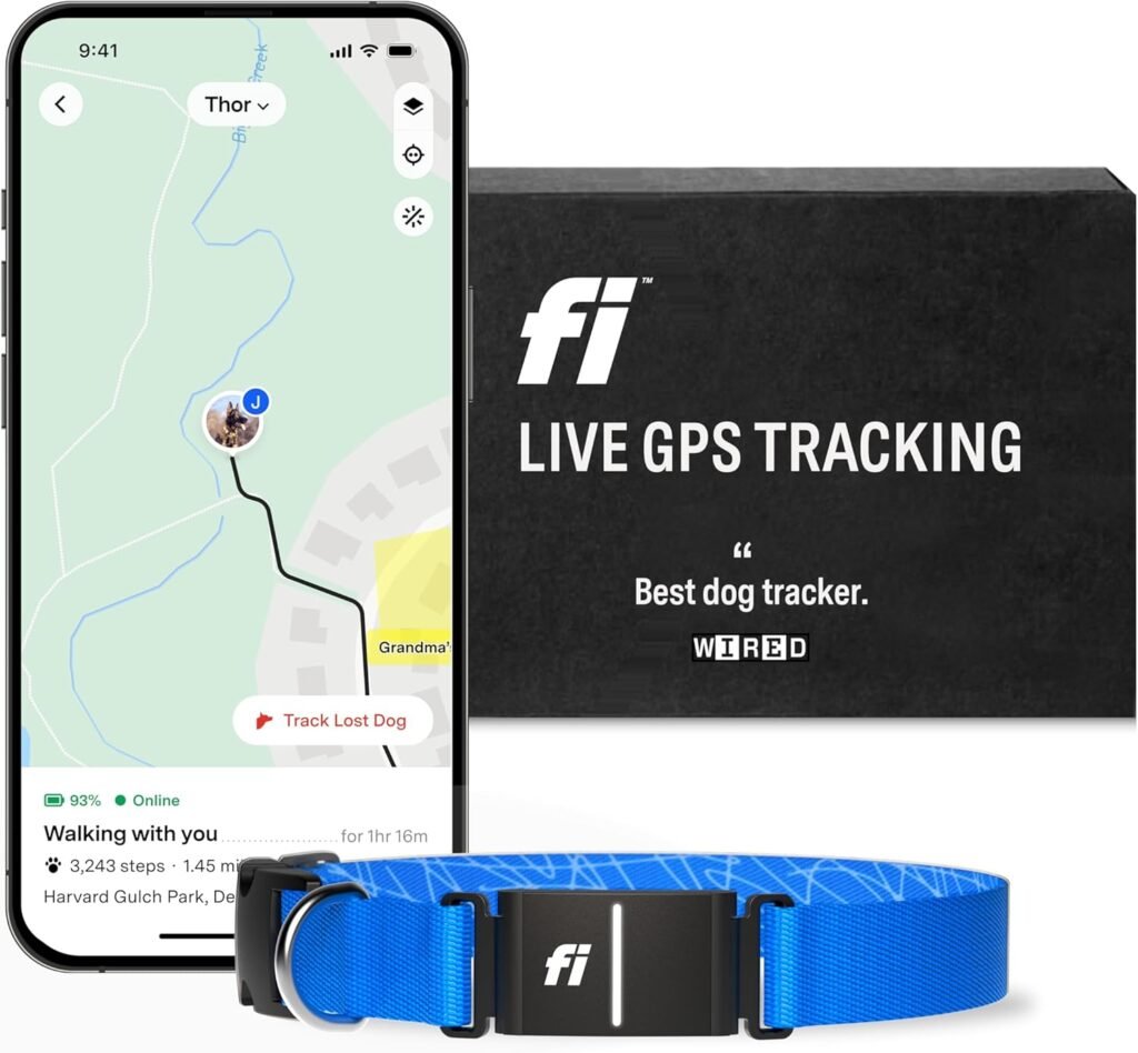 Fi Series 3 Smart Dog Collar - GPS Dog Tracker and Activity  Health Monitor, Waterproof, LED Light, Escape Alerts, Nationwide Coverage [Free 1 Year Membership] (Blue, Large)