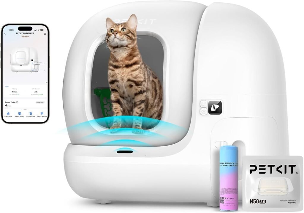 PETKIT PuraMax 2 Automatic Self-Cleaning Cat Litter Box, App Control Scoop-Free Litter Box with Safety Sensors, Odor Free  Anti-Leakage Basic Bundle Includes Trash Bags,2.4G WiFi  Low Entrance