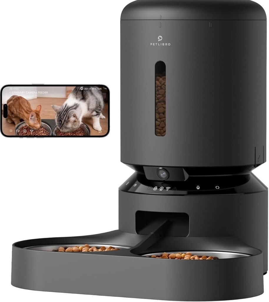 PETLIBRO Automatic Cat Feeder with Camera for Two Cats, 1080P HD Video with Night Vision, 5G WiFi Pet Feeder with 2-Way Audio for Cat  Dog, Low Food  Motion  Sound Alerts, Dual Tray, Black 5L