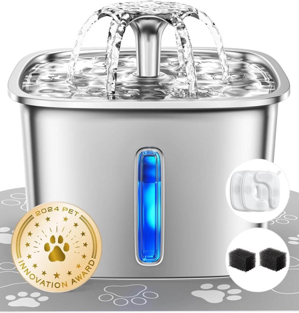 Veken Innovation Award Winner Stainless Steel Cat Water Fountain, 95oz/2.8L Automatic Pet Fountain Dog Water Dispenser with Replacement Filters Silicone Mat for Cats, Dogs, Multiple Pets (Silver) Veken Innovation Award Winner Stainless Steel Cat Water Fountain, 95oz/2.8L Automatic Pet Fountain Dog Water Dispenser with Replacement Filters Silicone Mat for Cats, Dogs, Multiple Pets (Silver)