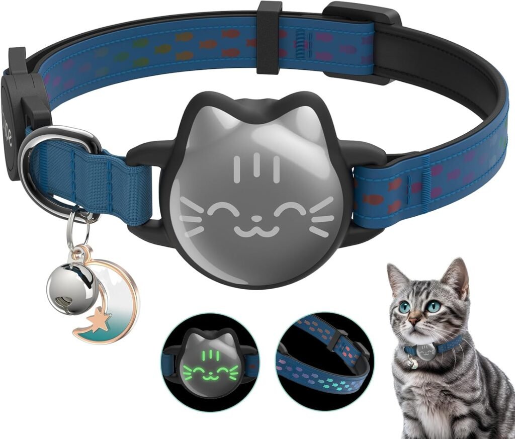 Waterproof Airtag Cat Collar, Breakaway Cat Airtag Collar with Luminous  Reflective Fish Pattern, Lightweight Kitten Collars for Apple Air tag, Hidden GPS Tracker Holder for Cats, Kittens(9-13)
