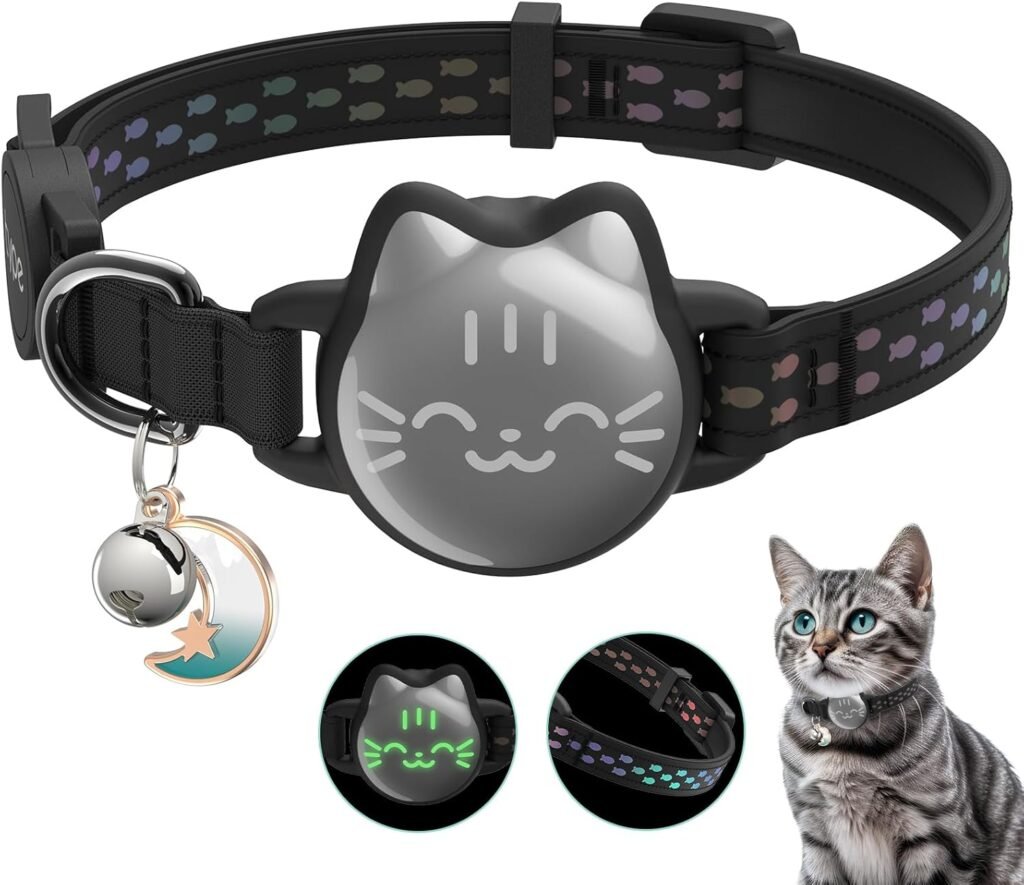 Waterproof Airtag Cat Collar, Breakaway Cat Airtag Collar with Luminous  Reflective Fish Pattern, Lightweight Kitten Collars for Apple Air tag, Hidden GPS Tracker Holder for Cats, Kittens(9-13)