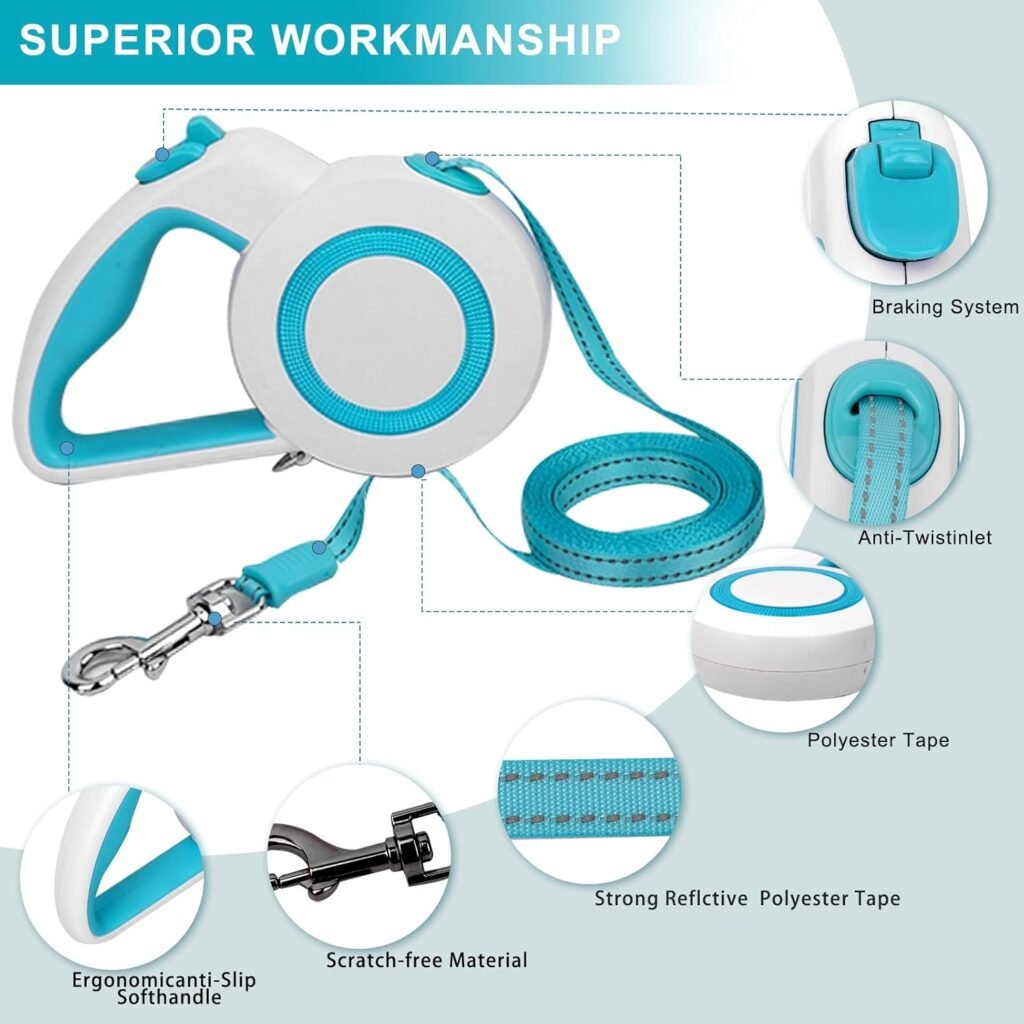 16Ft Retractable Dog Leash,Light Weight Leash for Small to Medium Dogs/Cats Up to 50lbs,Stainless Steel Spring Strong Nylon Tape, Tangle Free, One-Handed Brake.(Black)