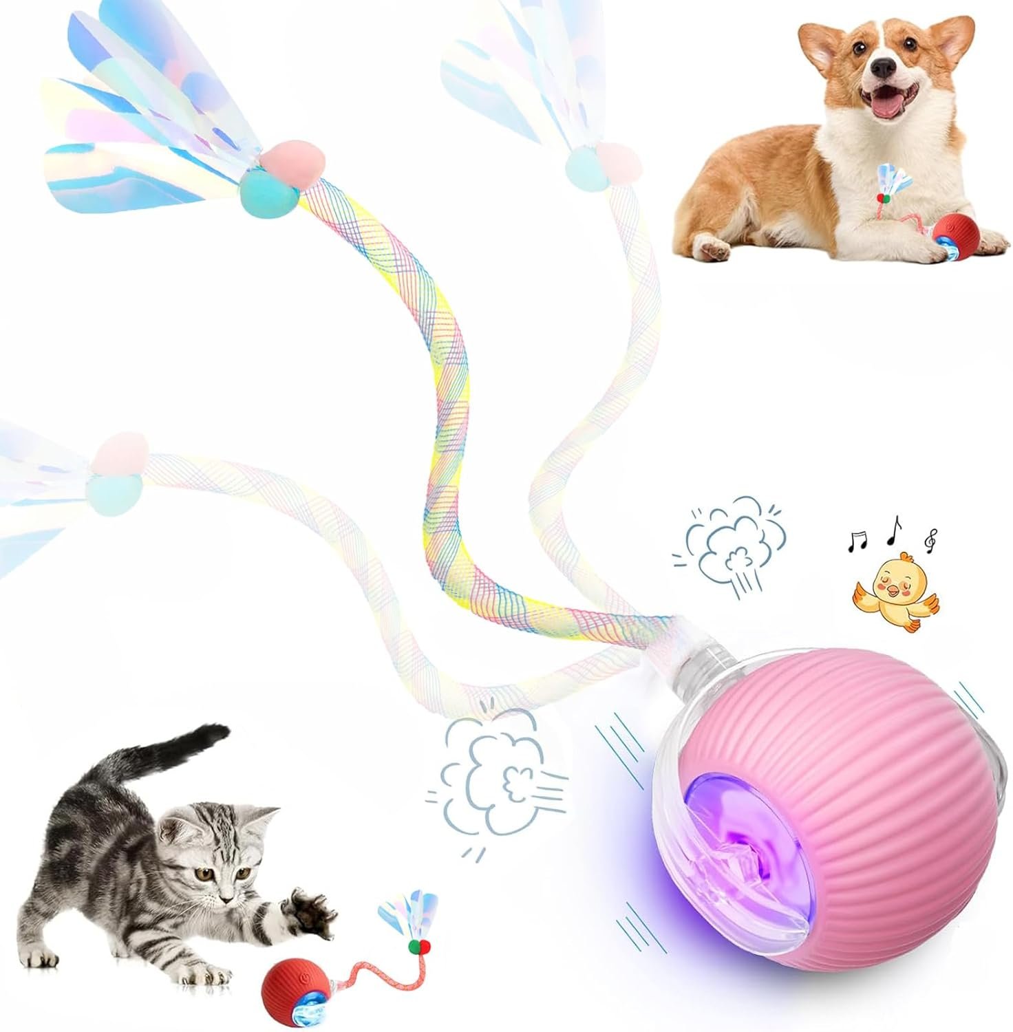 2 packs speed 20 tail interactive cat toys for indoor cats chirping motion activate cat toy smart kitten rolling ball mo