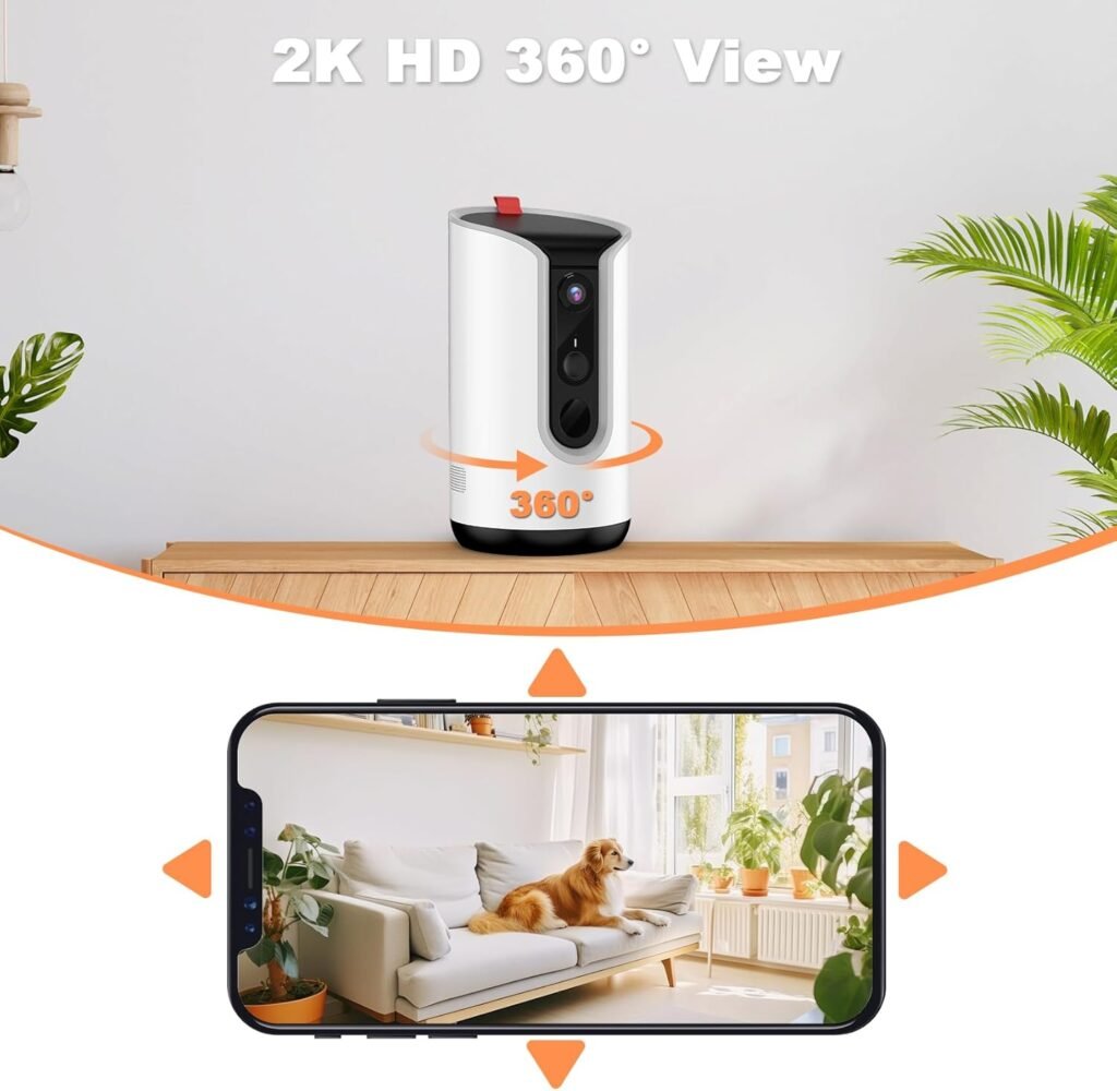2K Pet Camera Security Dogs Camera, On-Device AI Tracking and Pet Monitoring, 360° View, with Treat Dispenser, Local Storage, 2-Way Audio, Phone App, Motion Alert