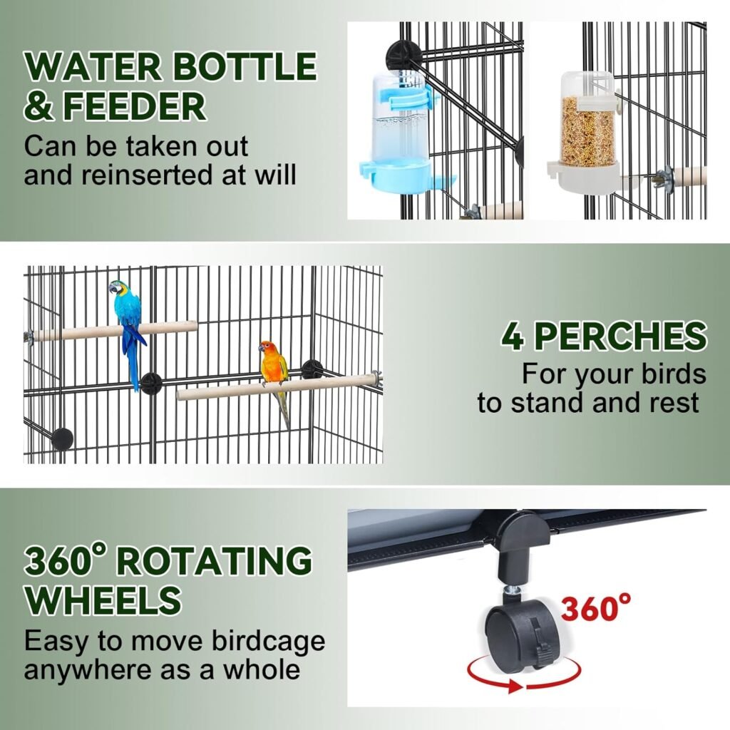 46-Inch Bird Cage, with Wooden Perches, Metal Parakeet Cage with Slide-Out Tray, Water Bottle  Feeder, Bird Cages for Parrot, Parakeets, Cockatiel, Lovebird, Pigeon and Small Mid-Sized Birds