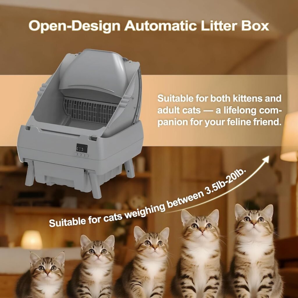 Automatic Cat Litter Box Self Cleaning - APP Control, Open-Style Design, Smart Health Monitor, Safe Anti-Pinch, Quiet, Perfect for Cats, A Lifelong Companion - Grey