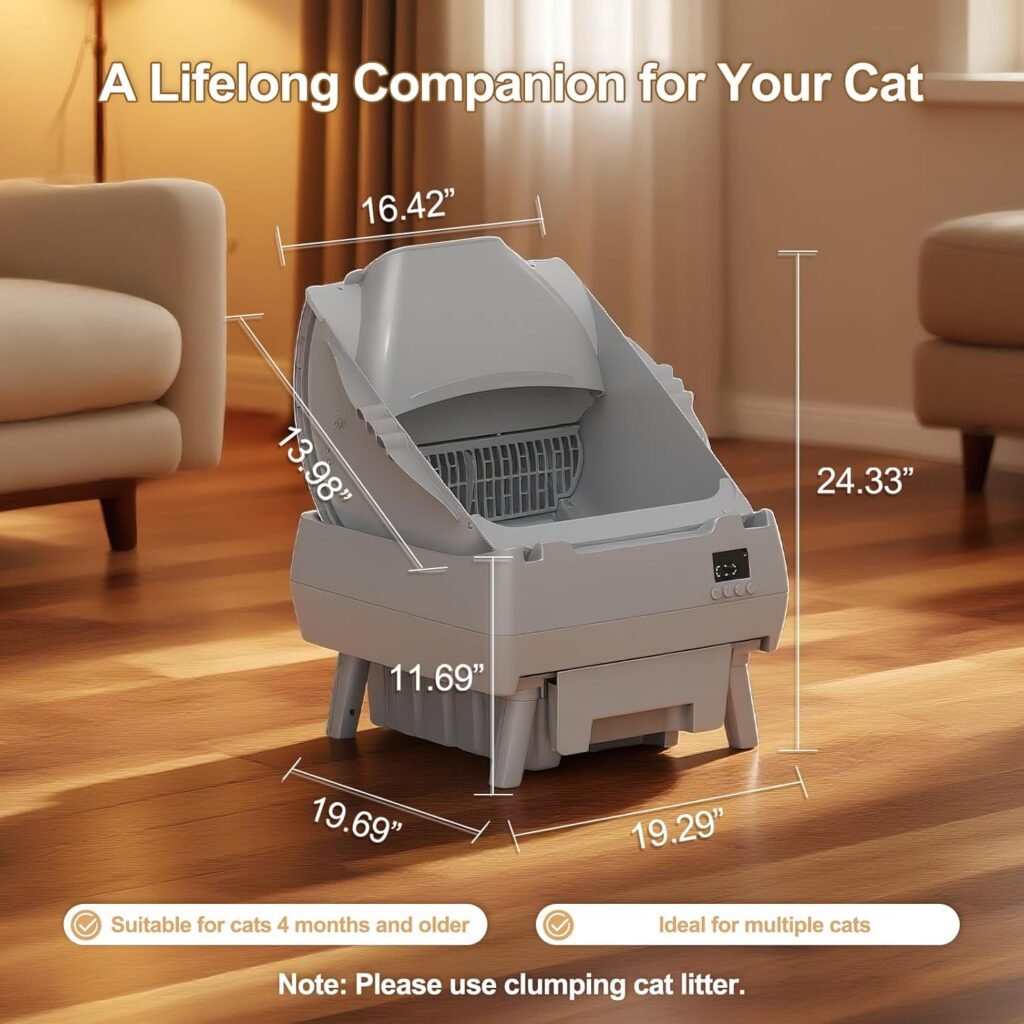 Automatic Cat Litter Box Self Cleaning - APP Control, Open-Style Design, Smart Health Monitor, Safe Anti-Pinch, Quiet, Perfect for Cats, A Lifelong Companion - Grey