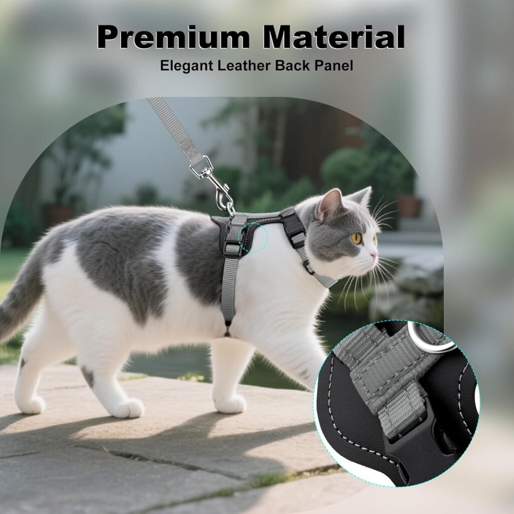 Plutus Pet Adjustable Cat Harness and Leash Set, Quick Release, Escape Proof Nylon Vest with Leather Trim for Kitten, Small Medium Large Cats, Gray