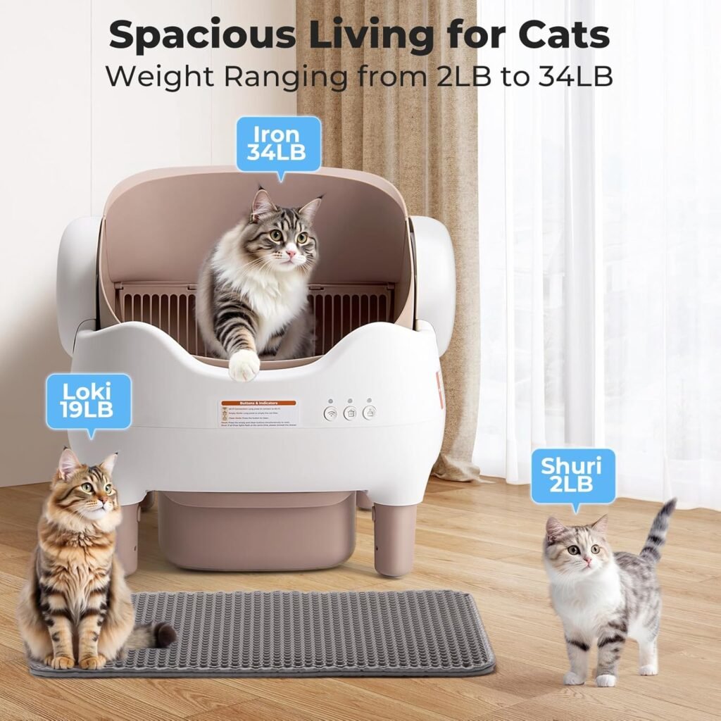 Self Cleaning Litter Box, Automatic Cat Litter Box with APP Control, Odor-Free Waste Disposal Includes Trash Bags, Large Waste Bin, Open-Top, for Multiple Cats