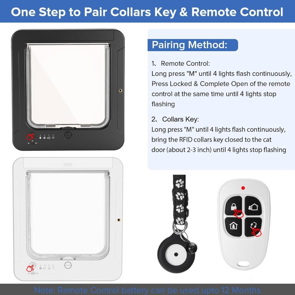 Smart Cat Door for Interior Exterior, Microchip Cat Pet Door with 3 Collar Sensor Keys 1 Remote Control 4 Way Locking Cat Flap with RFID Collar Activated Opening Cat Door (Black)