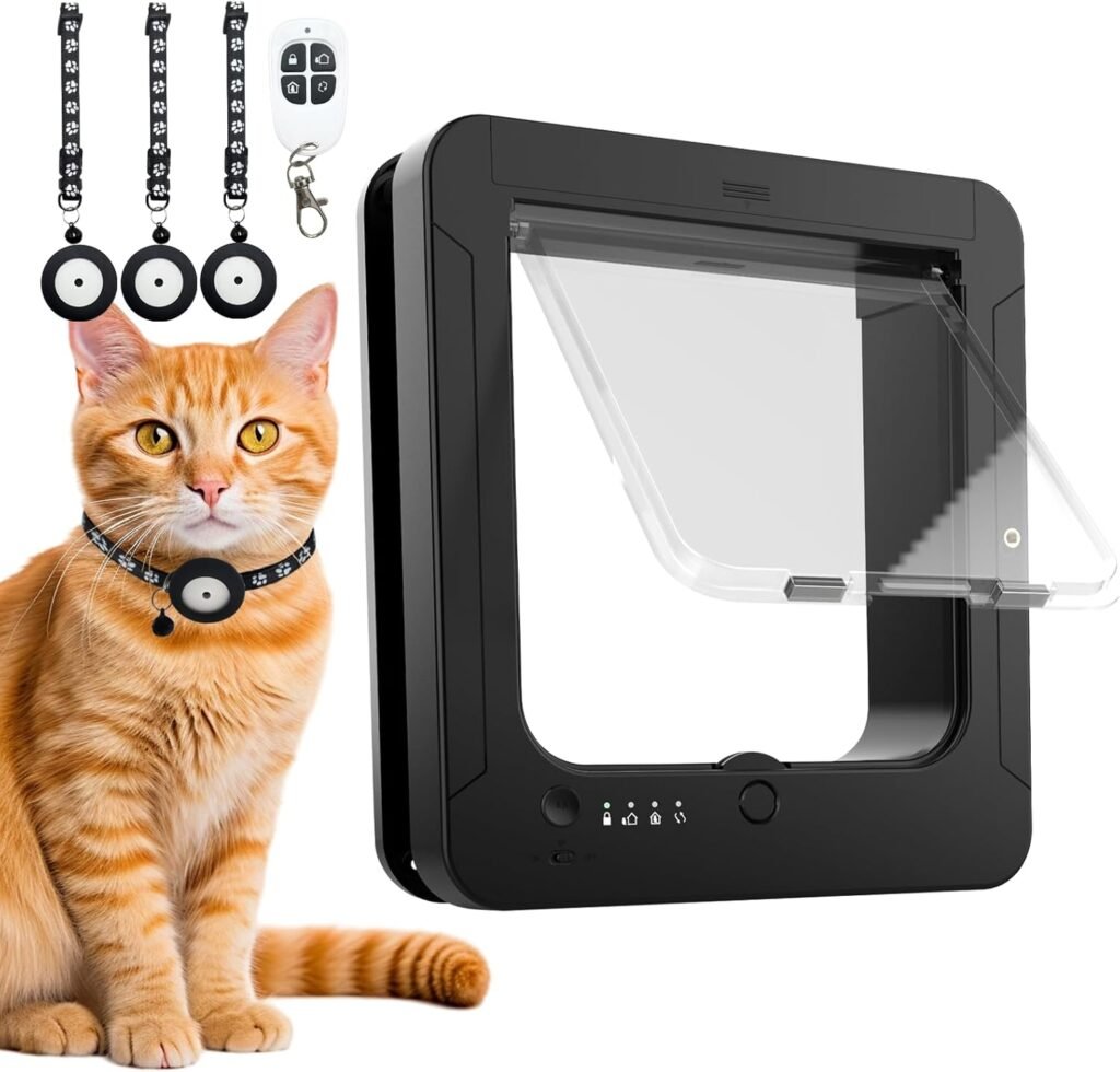 Smart Cat Door for Interior Exterior, Microchip Cat Pet Door with 3 Collar Sensor Keys 1 Remote Control 4 Way Locking Cat Flap with RFID Collar Activated Opening Cat Door (Black)