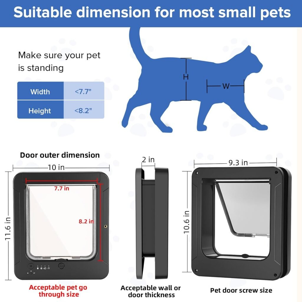 Smart Cat Door for Interior Exterior, Microchip Cat Pet Door with 3 Collar Sensor Keys 1 Remote Control 4 Way Locking Cat Flap with RFID Collar Activated Opening Cat Door (Black)