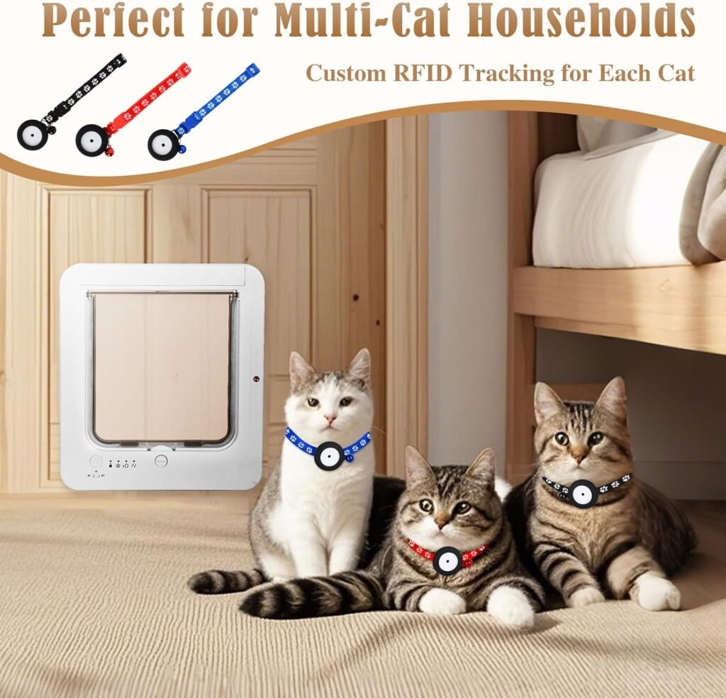 Smart Cat Door for Interior  Exterior, Microchip Cat Pet Door with 3 Collar Sensor Keys  1 Remote Control  4 Way Locking Cat Flap with RFID Collar Sensor Automatic Opening Cat Door (White)