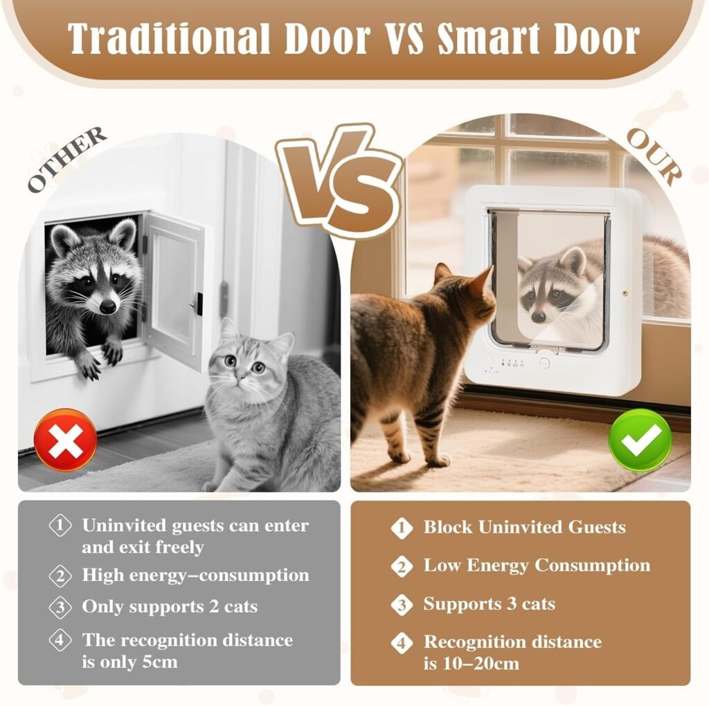 Smart Cat Door for Interior  Exterior, Microchip Cat Pet Door with 3 Collar Sensor Keys  1 Remote Control  4 Way Locking Cat Flap with RFID Collar Sensor Automatic Opening Cat Door (White)