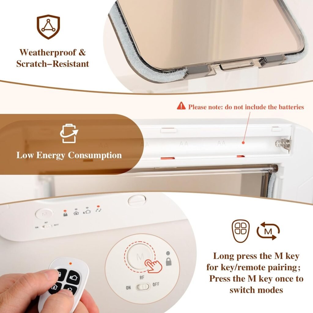 Smart Cat Door for Interior  Exterior, Microchip Cat Pet Door with 3 Collar Sensor Keys  1 Remote Control  4 Way Locking Cat Flap with RFID Collar Sensor Automatic Opening Cat Door (White)