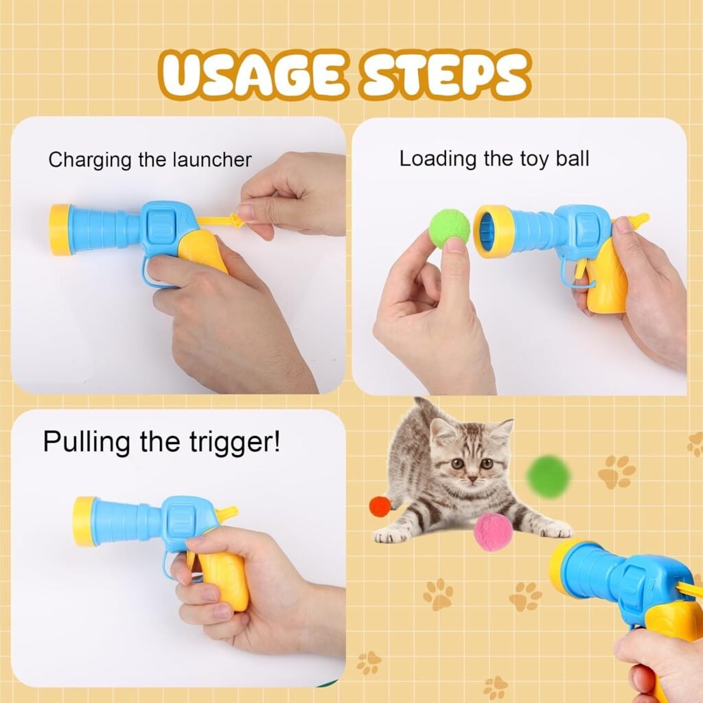 100Pcs Cat Toys Pom Pom Balls with 2 Launchers Set, Interactive Cat Toy Stuff for Indoor Both Adult  Kitten Toys