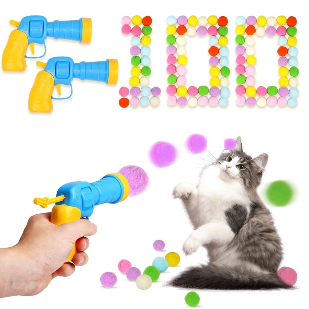 100Pcs Cat Toys Pom Pom Balls with 2 Launchers Set, Interactive Cat Toy Stuff for Indoor Both Adult  Kitten Toys