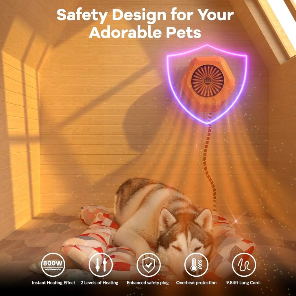 800W Dog House Heater, Pet House Heater with Over Heat Protection, Safe Dog Heaters for Outside Outdoor Dog Houses with Adjustable Digital Heating9.8FT Anti Chew Cord