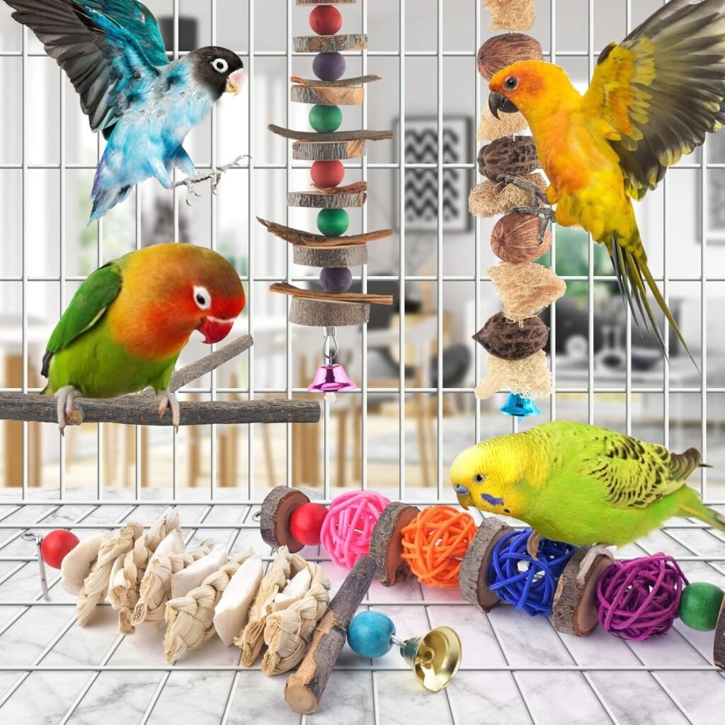 Bissap Bird Chew Toys, 7 Packs Parakeet Natural Wood Toys Parrot Hanging Cage Toy Bird Perch Stand for Small Bird Conure Cockatiel Parrotlet Lovebird Budgie