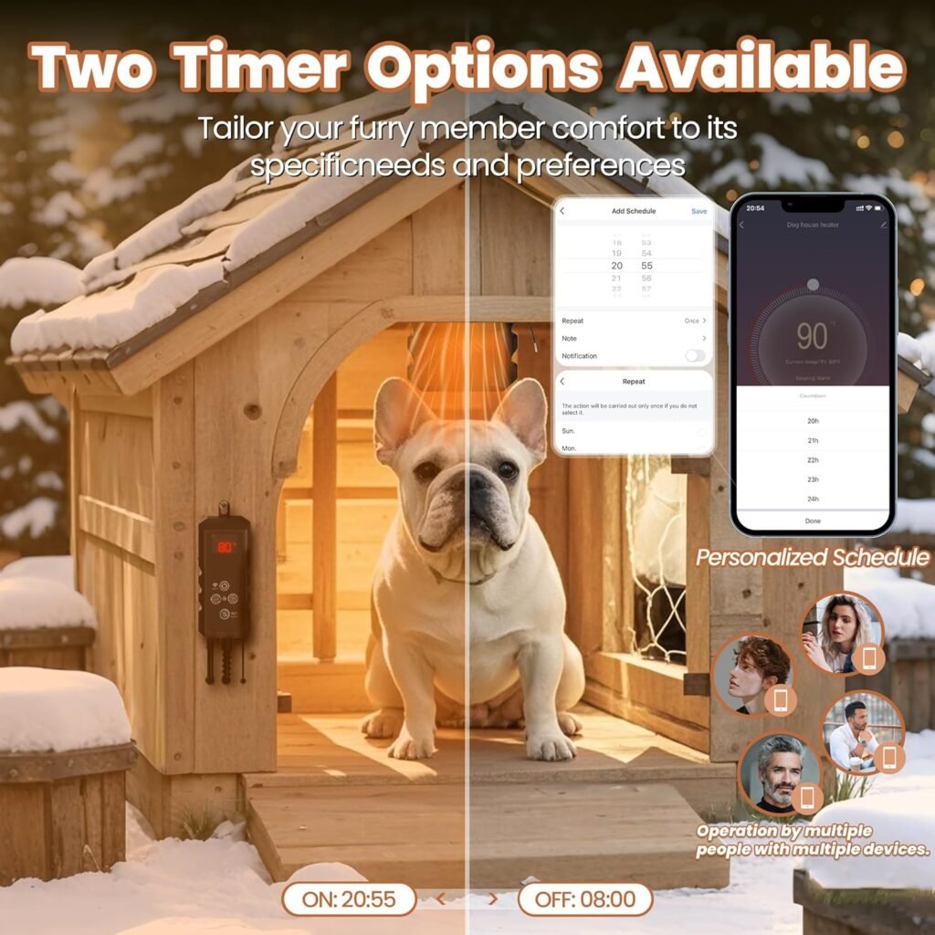 Dog House Heater,Pet House Heater with APP RemoteThermostat,41°F/113°F Adjustable Temp 24H Timer Outdoor Pet Safe Heaters,500W IPX5 Waterproof Cat Heater Anti Chew Cord with WIFI