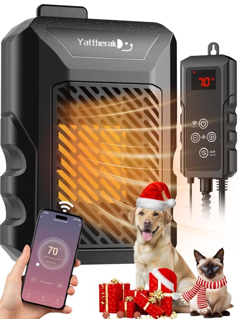 Dog House Heater,Pet House Heater with APP RemoteThermostat,41°F/113°F Adjustable Temp 24H Timer Outdoor Pet Safe Heaters,500W IPX5 Waterproof Cat Heater Anti Chew Cord with WIFI