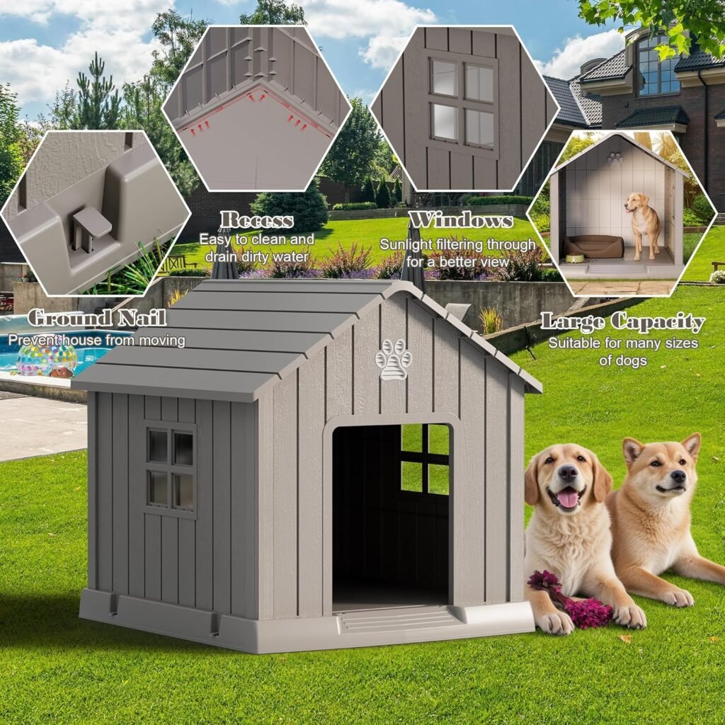 Indoor-Outdoor Large Dog House for Medium to Large Dogs, Durable Plastic Doghouse – Waterproof Design, Air Vents Elevated Floor, Simple to Clean and Assemble (Classic Blue, 36.2L×38W×38H)