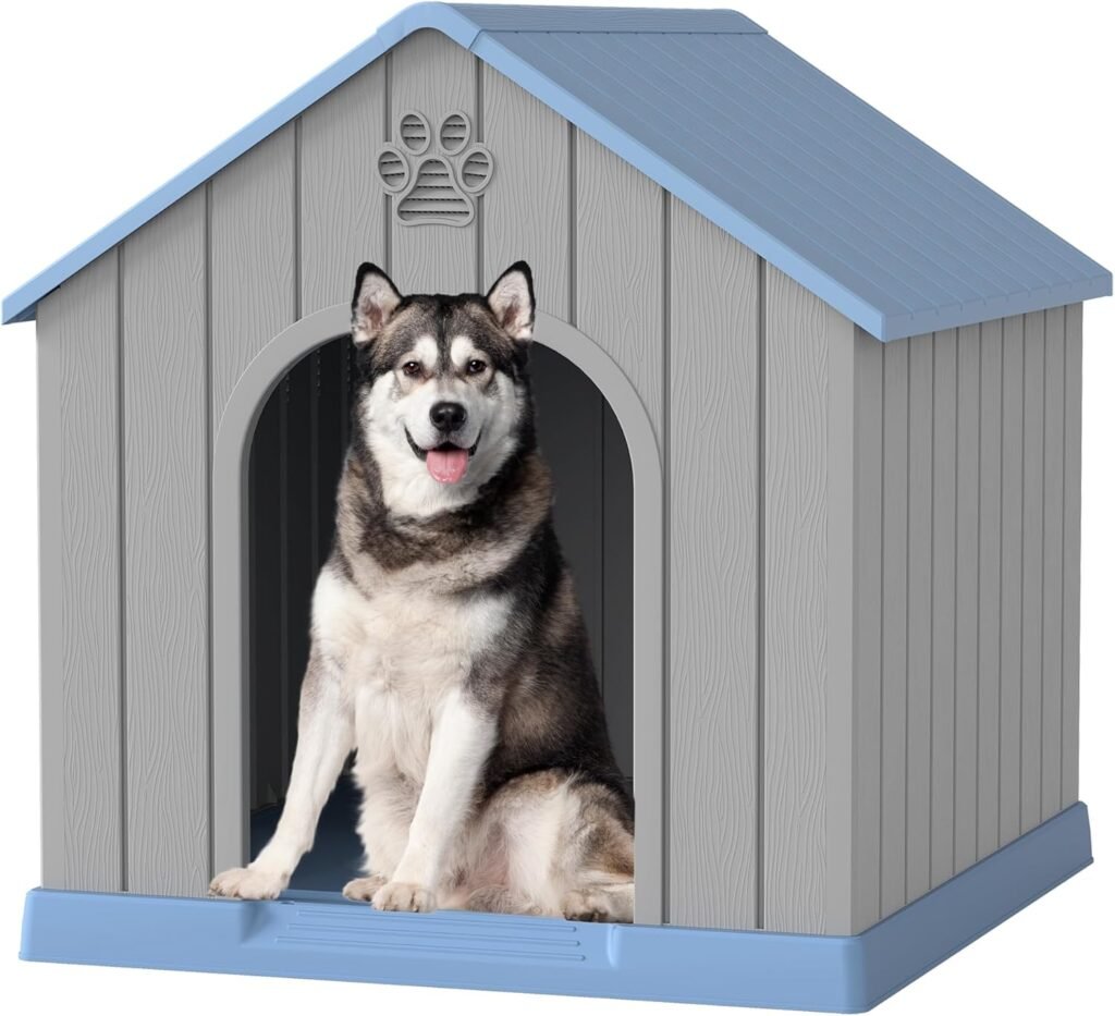 Indoor-Outdoor Large Dog House for Medium to Large Dogs, Durable Plastic Doghouse – Waterproof Design, Air Vents Elevated Floor, Simple to Clean and Assemble (Classic Blue, 36.2L×38W×38H)