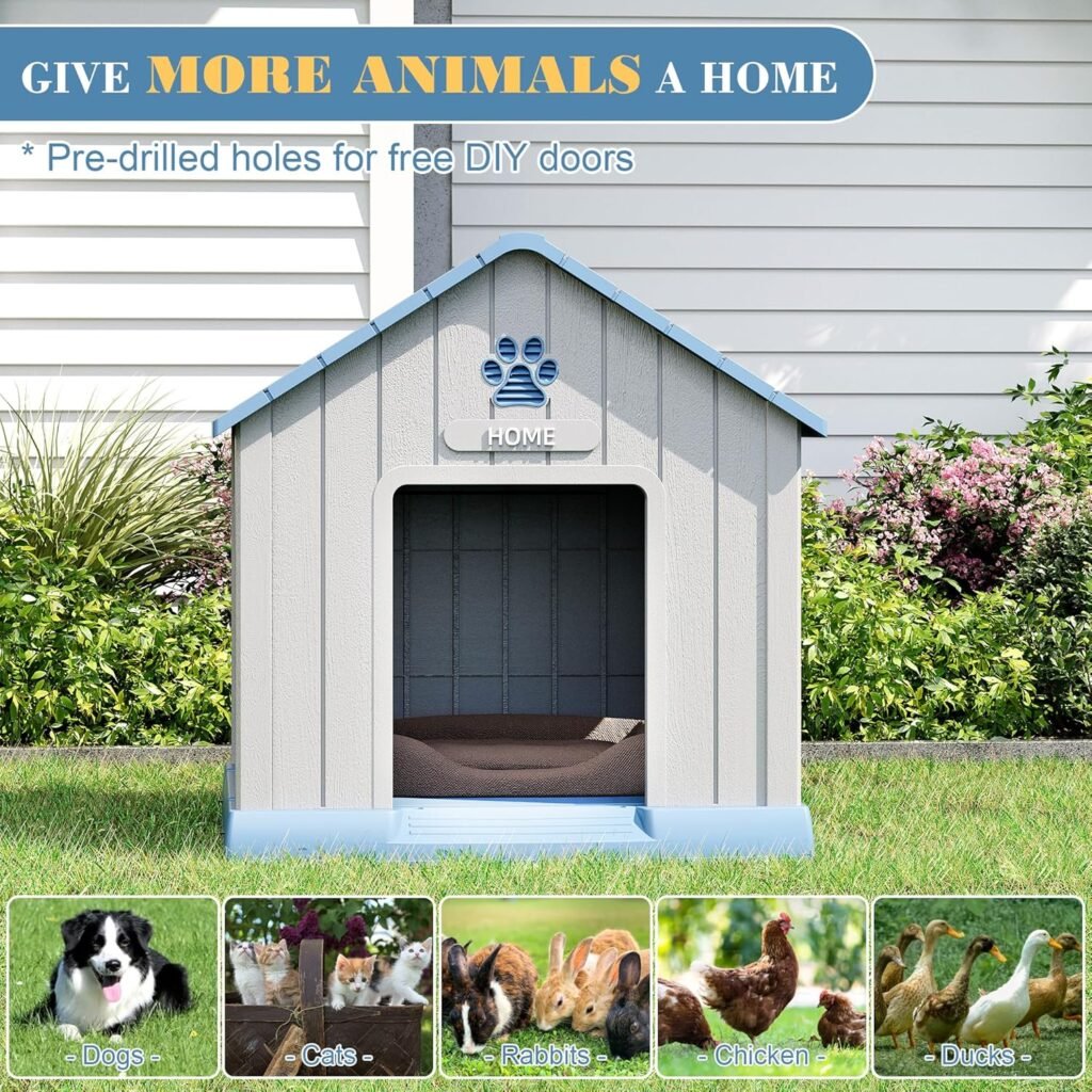 Indoor-Outdoor Large Dog House for Medium to Large Dogs, Durable Plastic Doghouse – Waterproof Design, Air Vents Elevated Floor, Simple to Clean and Assemble (Classic Blue, 36.2L×38W×38H)