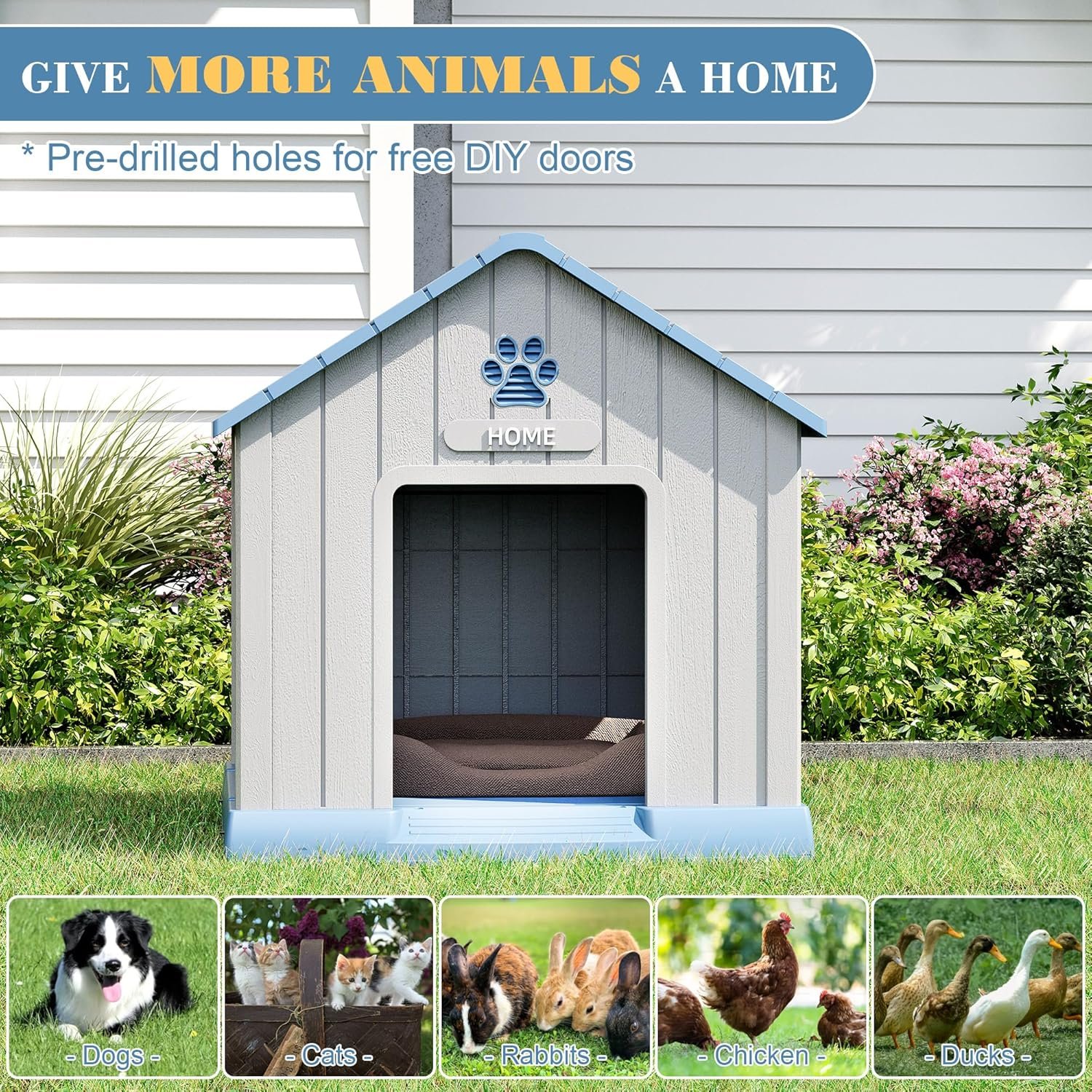 Indoor outdoor large dog house for medium to large dogs durable plastic doghouse waterproof design air vents elevated fl