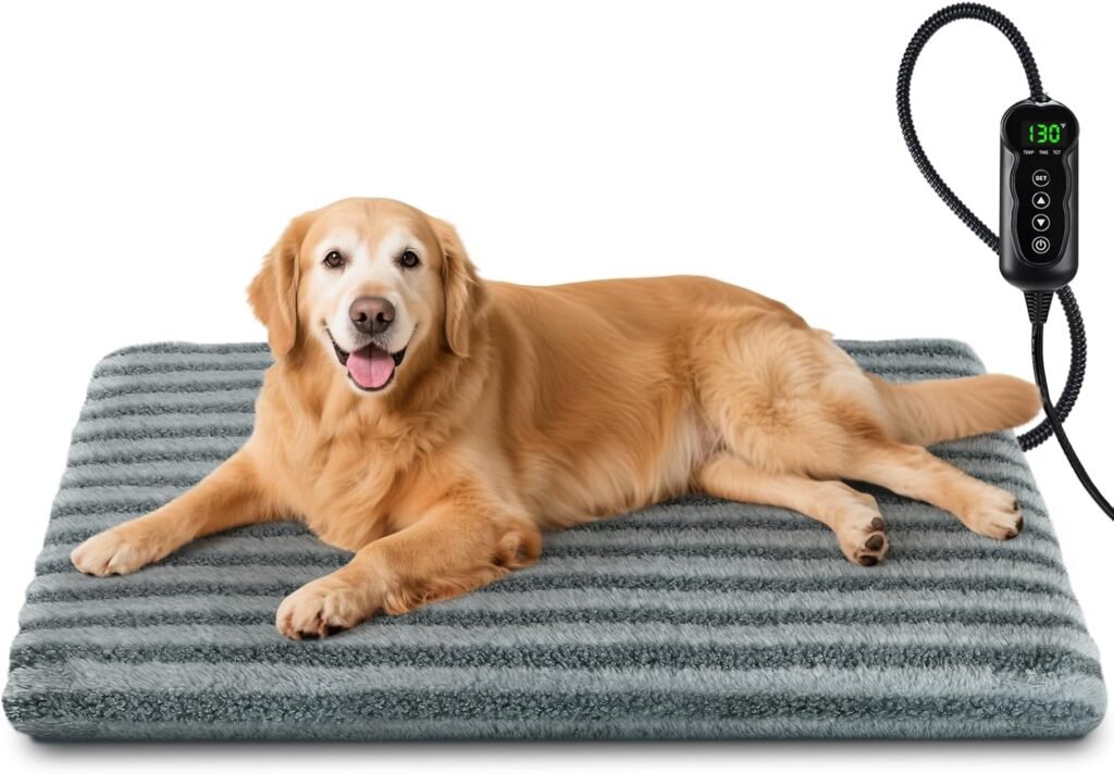 Large Pet Heating Pad, Waterproof Heated Dog Cat Bed with 11 Adjustable Temperatures 24H Timer, Auto Shut-Off, Chew-Resistant Cord, Washable Cover, Indoor Electric Heating Mat, Grey, L(35 x 24)