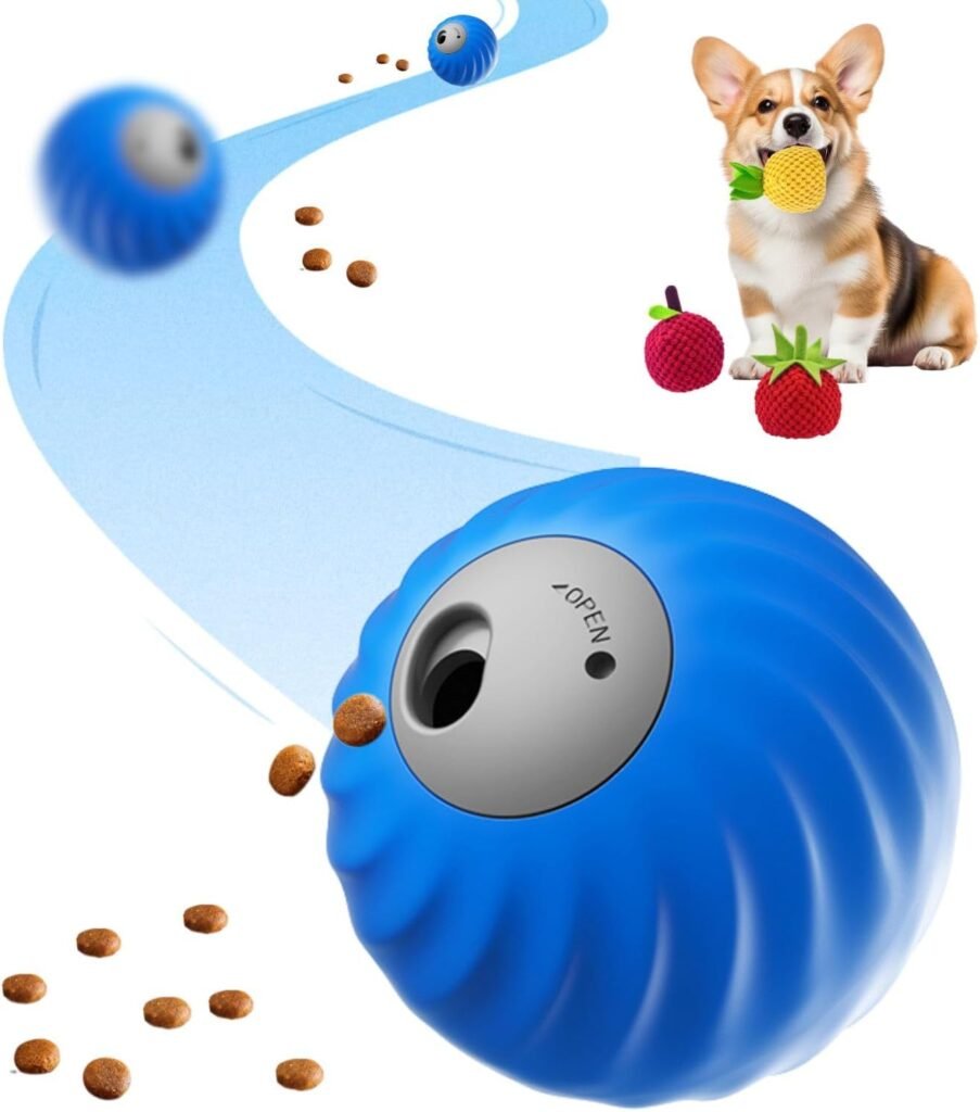 Smart Touch Interactive Dog Toy | Automatic Rolling + Feeding | 2.83 Diameter | USB-C Rechargeable | Suitable for Small/Medium Dogs | Safe and Durable (Blue, Fruit-Apple)