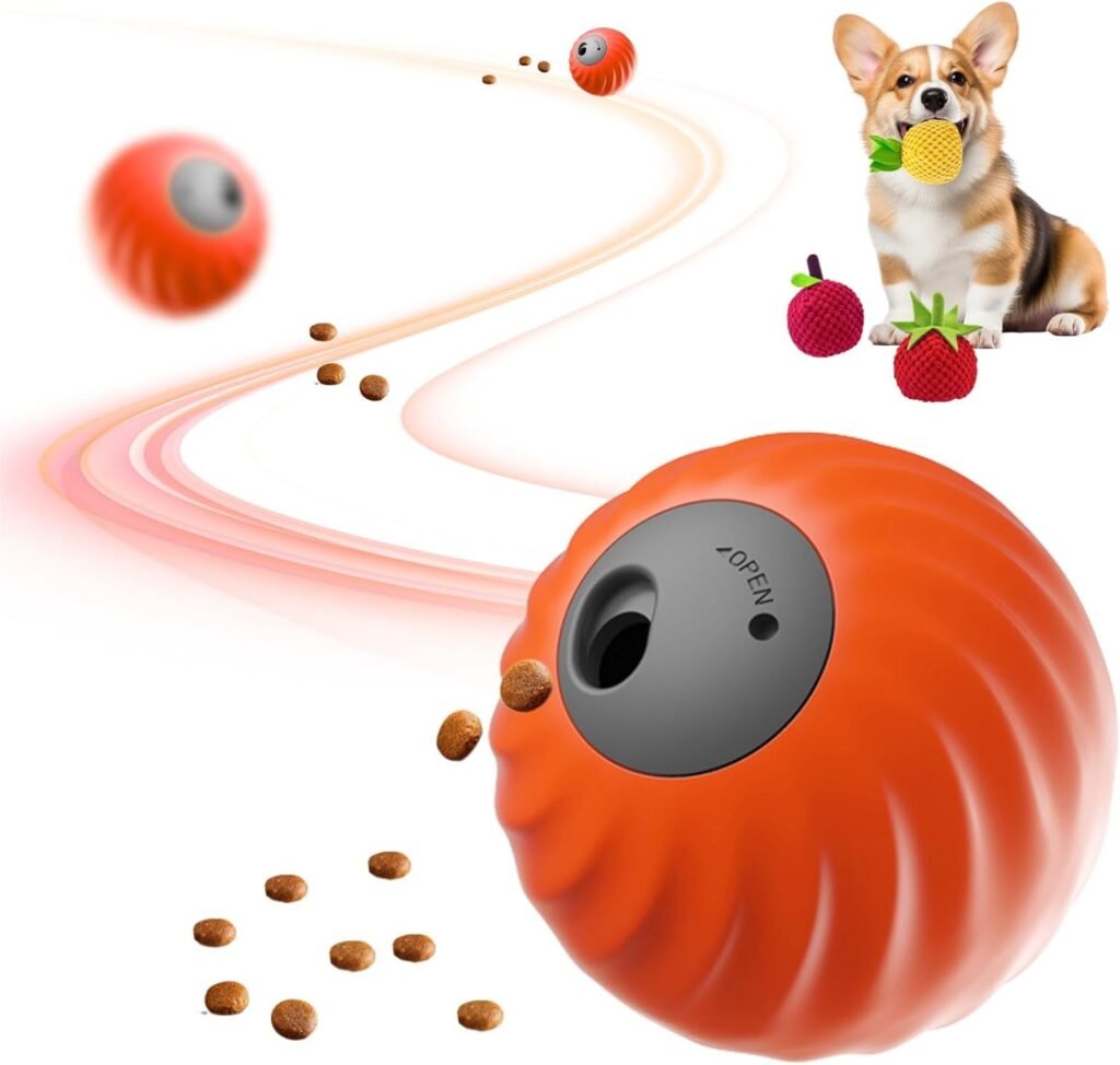 Smart Touch Interactive Dog Toy | Automatic Rolling + Feeding | 2.83 Diameter | USB-C Rechargeable | Suitable for Small/Medium Dogs | Safe and Durable (Blue, Fruit-Apple)