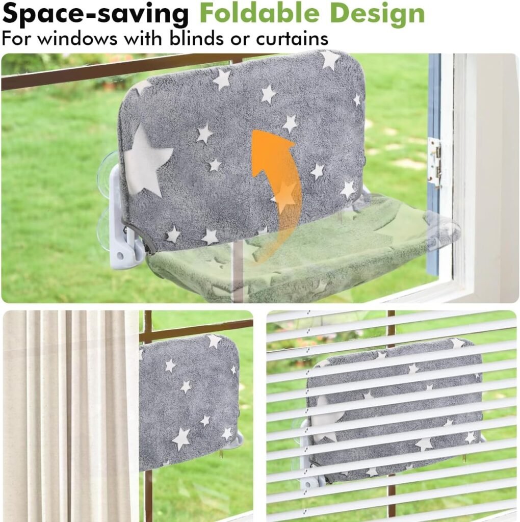 2PC Cat Window Perch Cordless Foldable Cat Hammock Bed for Window with Metal Frame and Reversible Cover, Large Suction Cups Window Resting Seat for Indoor Cats (Cat Bed, M-2PC)