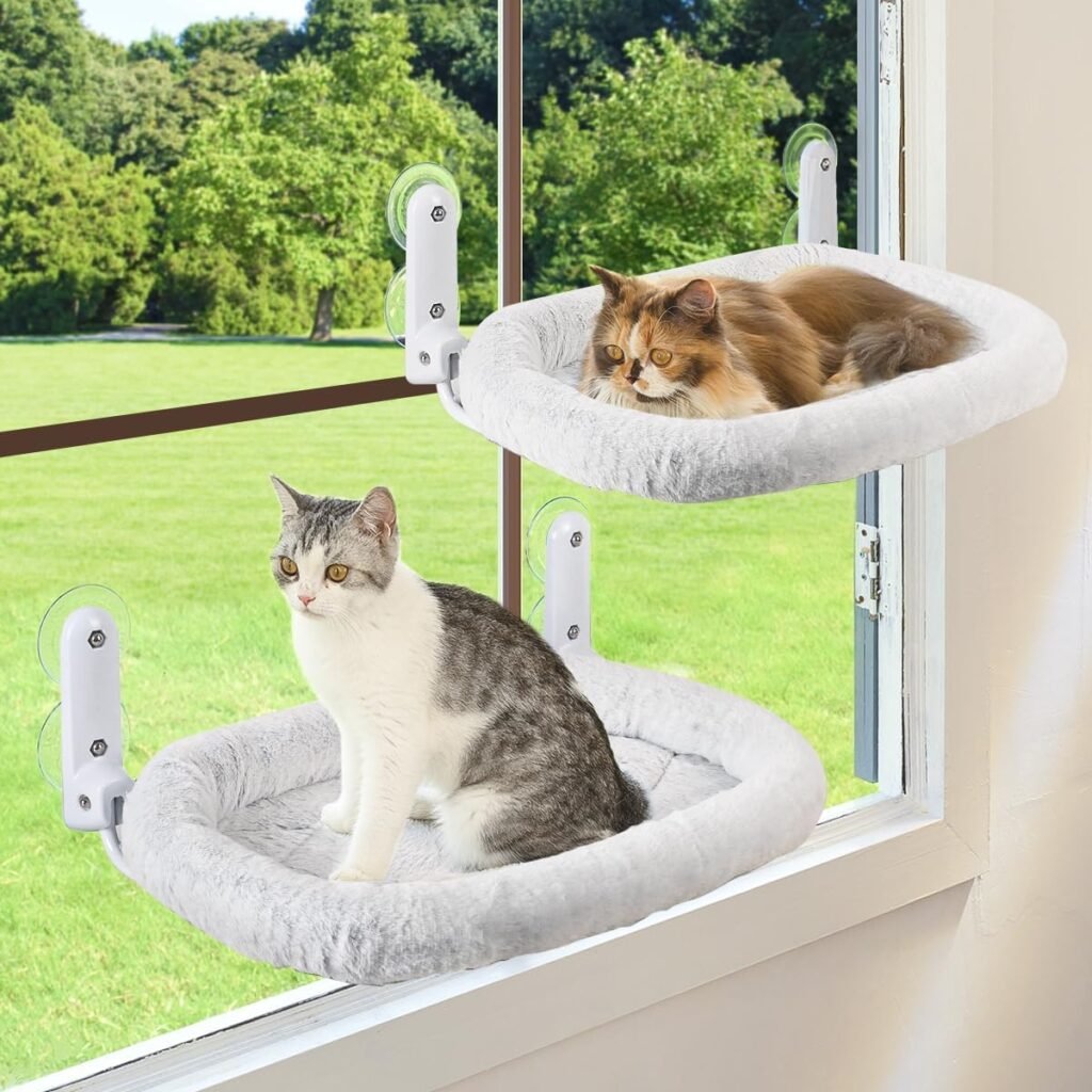 2PC Cat Window Perch Cordless Foldable Cat Hammock Bed for Window with Metal Frame and Reversible Cover, Large Suction Cups Window Resting Seat for Indoor Cats (Cat Bed, M-2PC)