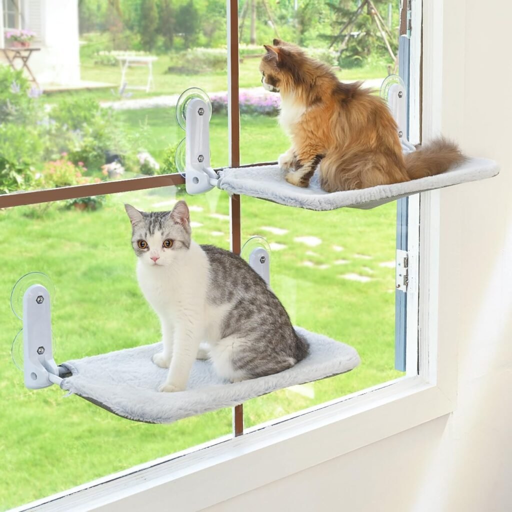 2PC Cat Window Perch Cordless Foldable Cat Hammock Bed for Window with Metal Frame and Reversible Cover, Large Suction Cups Window Resting Seat for Indoor Cats (Cat Bed, M-2PC)