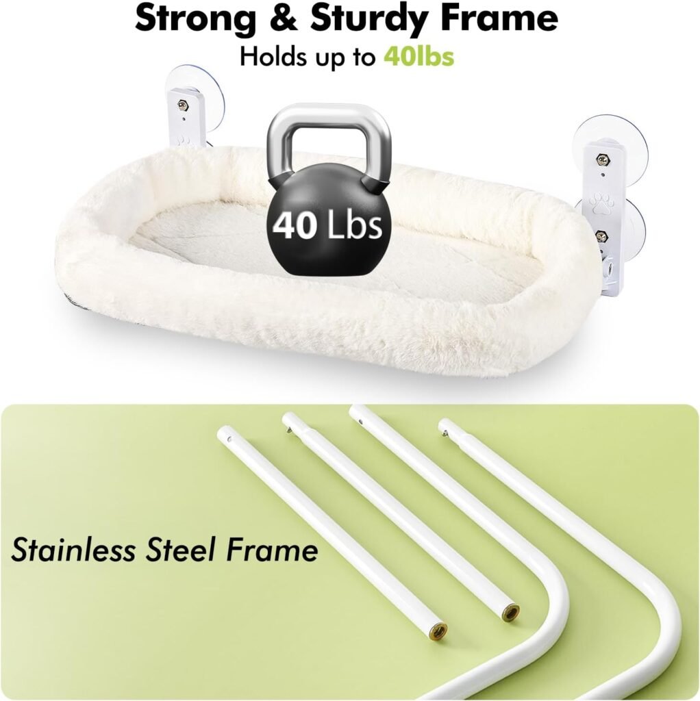 AMOSIJOY Cordless Cat Window Perch, Cat Hammock for Wall with 4 Strong Suction Cups, Solid Metal Frame and Two Replaceable Covers, Foldable Cat Beds for Indoor Cats (Large-Cushion Bed-Gray)