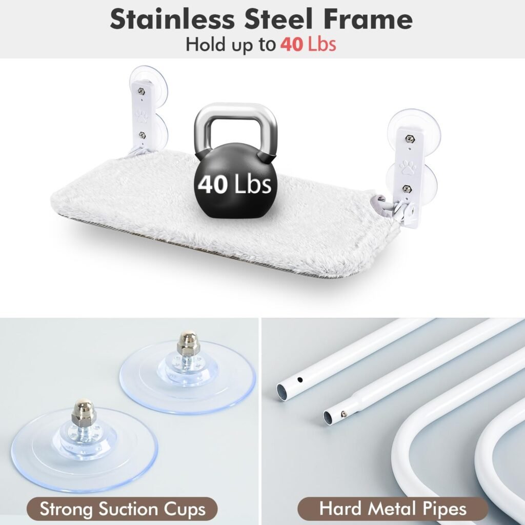 AMOSIJOY Cordless Cat Window Perch, Cat Hammock for Wall with 4 Strong Suction Cups, Solid Metal Frame and Two Replaceable Covers, Foldable Cat Beds for Indoor Cats (Large-Cushion Bed-Gray)
