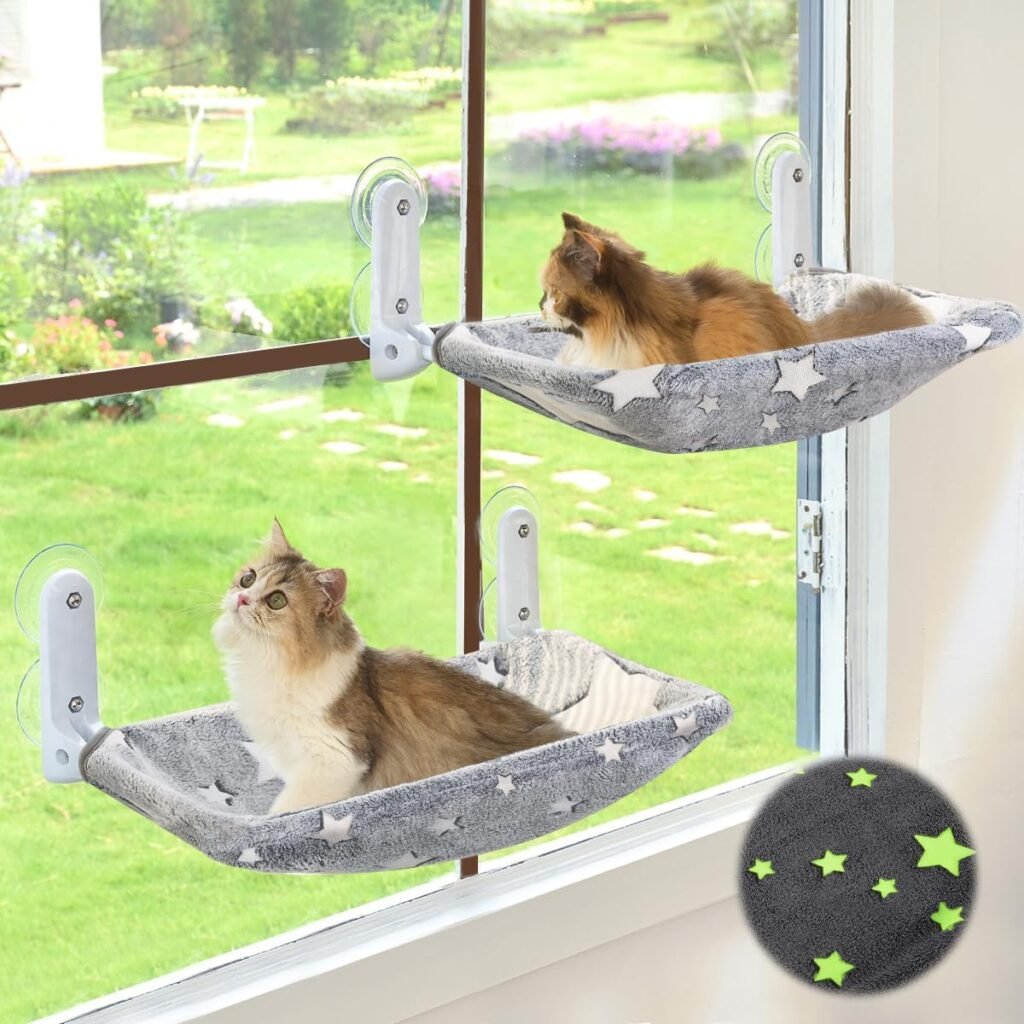 Cat Window Perch, Glow in The Dark Cordless Foldable Pet Hammock Bed for Window with Sturdy Metal Frame, Glowing Stars Pattern Resting Seat for Indoor Cats (Stars - M)