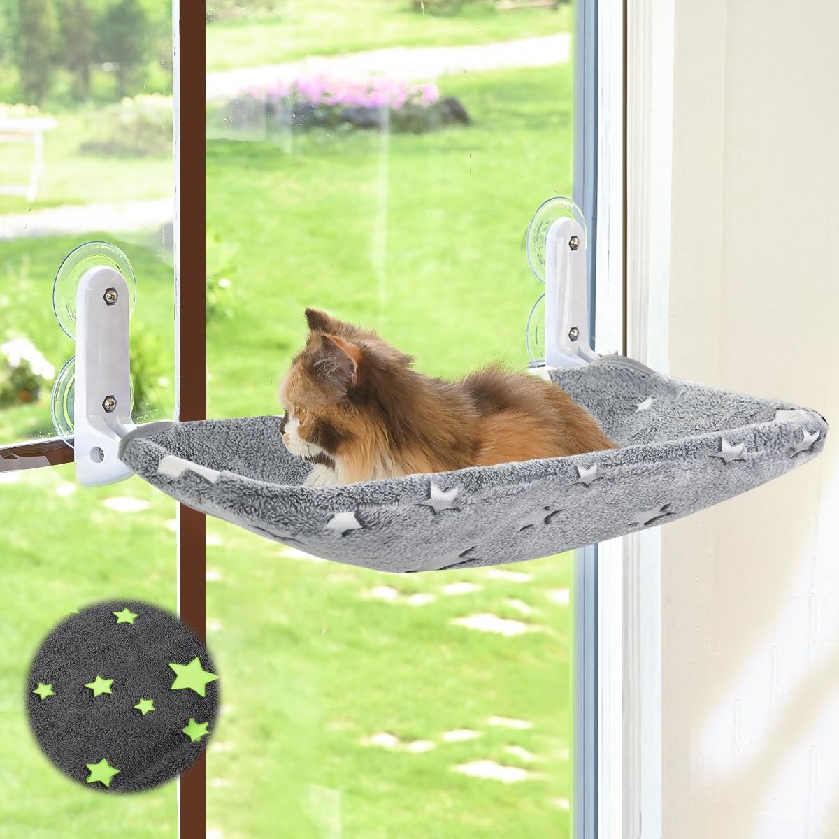 Cat window perch glow in the dark cordless foldable pet hammock bed for window with sturdy metal frame glowing stars pat
