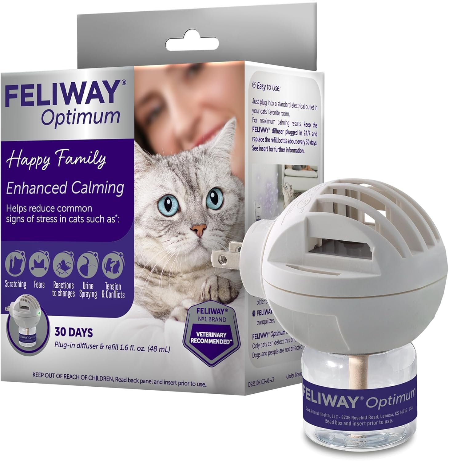 Feliway optimum 30 day cat calming plug in pheromone diffuser starter kit 48ml helps reduce common signs of stress in ca
