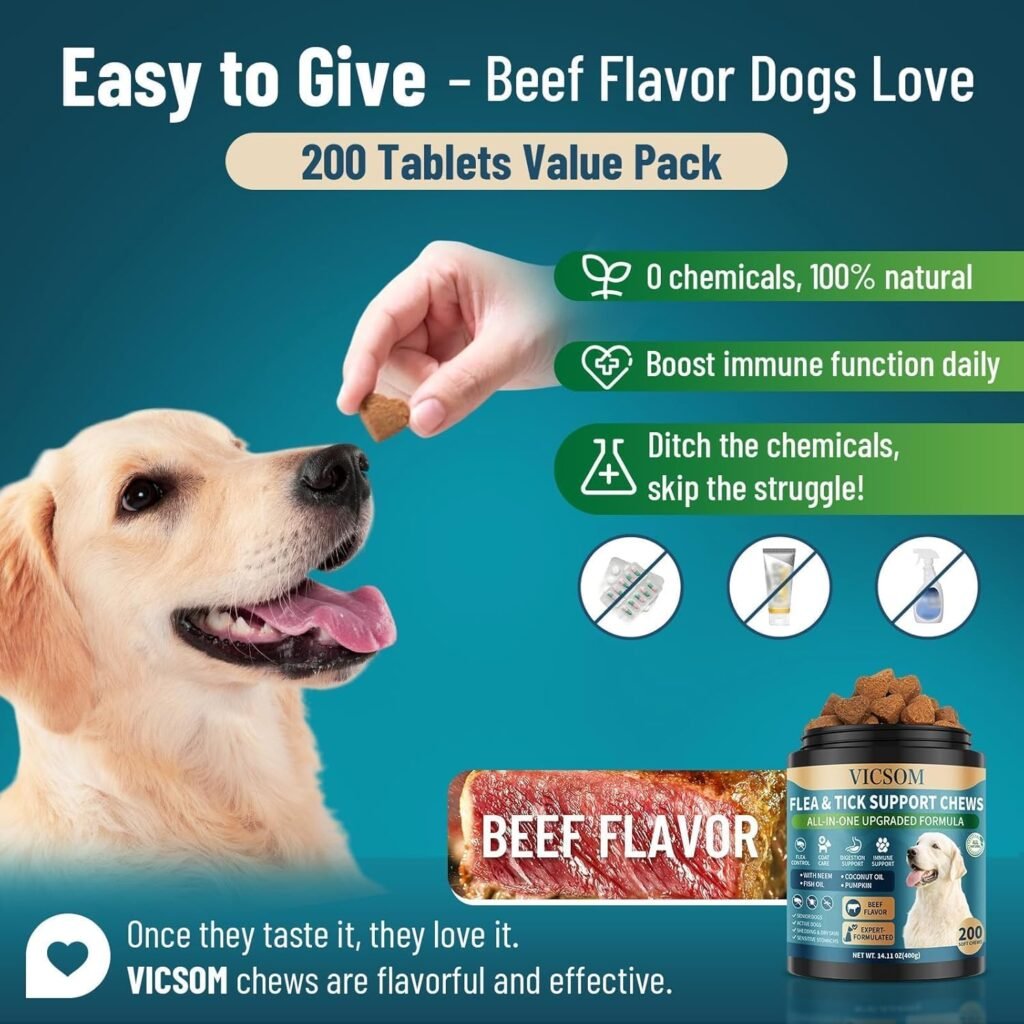 Flea and Tick Prevention for Dogs Chewable, 200 Soft Treats Natural Oral Dog Flea and Tick Treatment Chews Support Dog Skin Digestive Supplement for Dogs Puppies All Breeds Ages, Beef Flavor