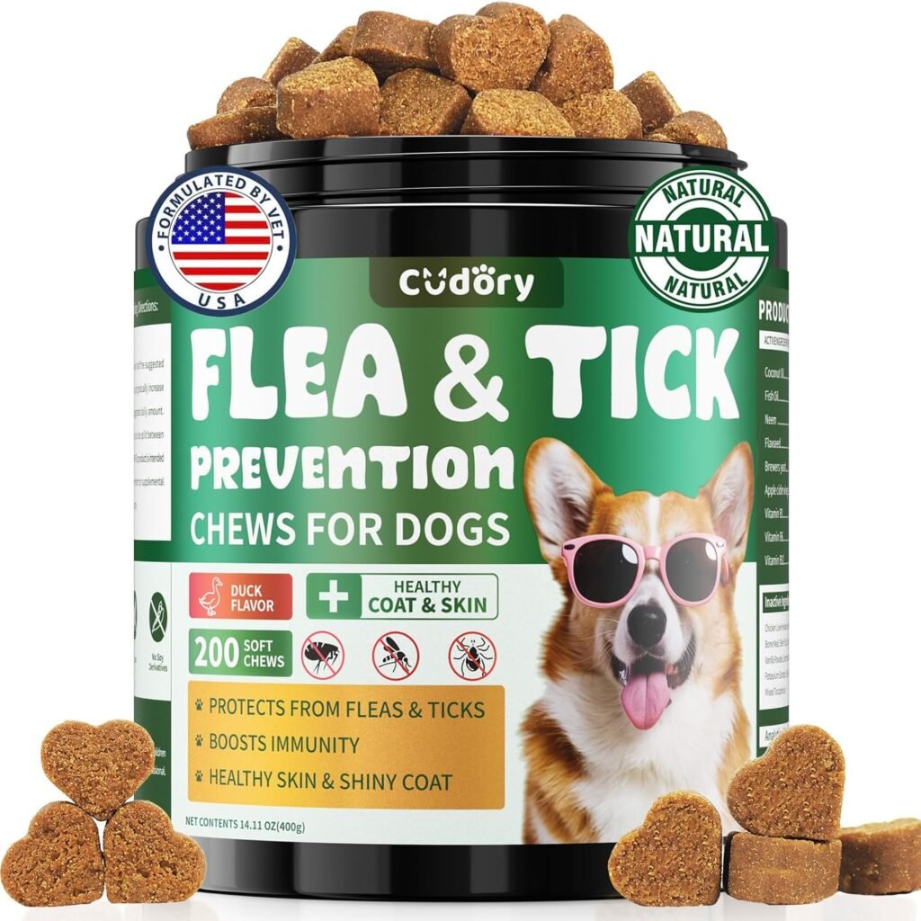 Flea and Tick Prevention for Dogs Chews – 200 Soft Chews, Dog Flea Chewables with Skin Coat Support – Oral Supplement for All Breeds Ages – Natural Duck Flavor