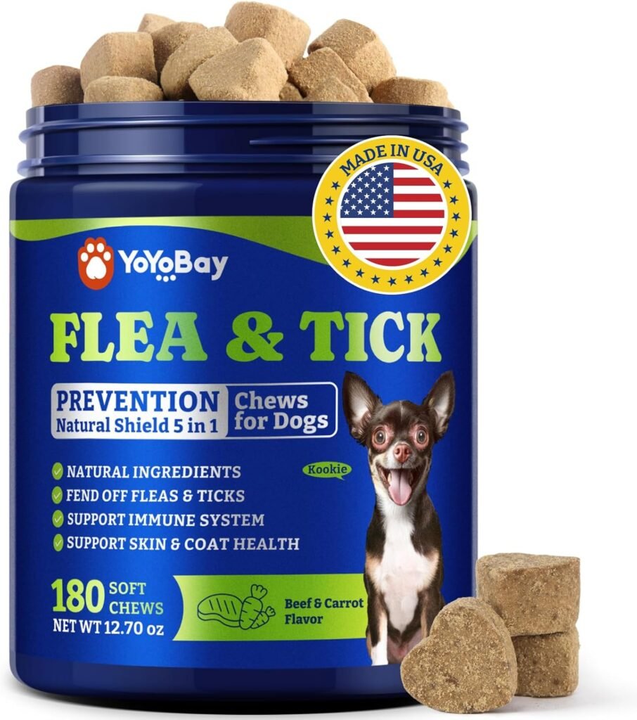 Flea Tick Prevention for Dogs Chewables, Natural Dog Flea and Tick Control Treatment, Oral Flea Pills, Dogs Supplement, Natural Shield 5-in-1 Protection, Beef Carrot Flavor, 180 Soft Chews
