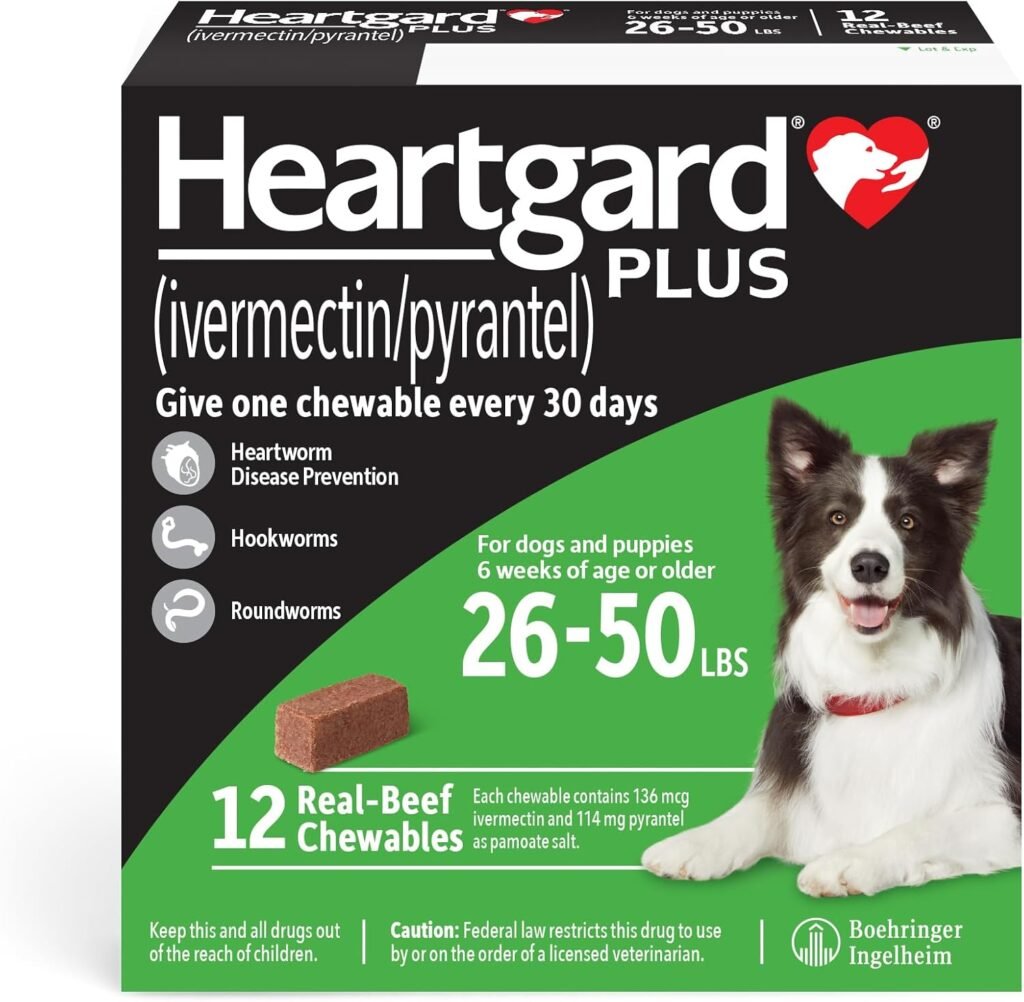 HEARTGARD® Plus (ivermectin/pyrantel) Real-Beef Chewables for Dogs 51-100 lbs (Brown Box) 6 Month Supply of Chews (Heartworm Disease Preventive)