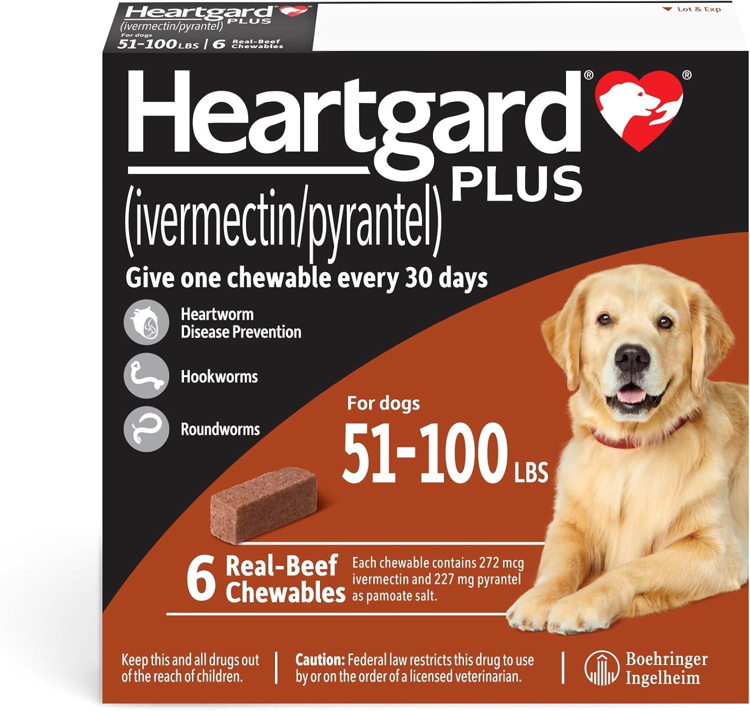 Heartgard plus ivermectinpyrantel real beef chewables for dogs 51 100 lbs brown box 6 month supply of chews heartworm di